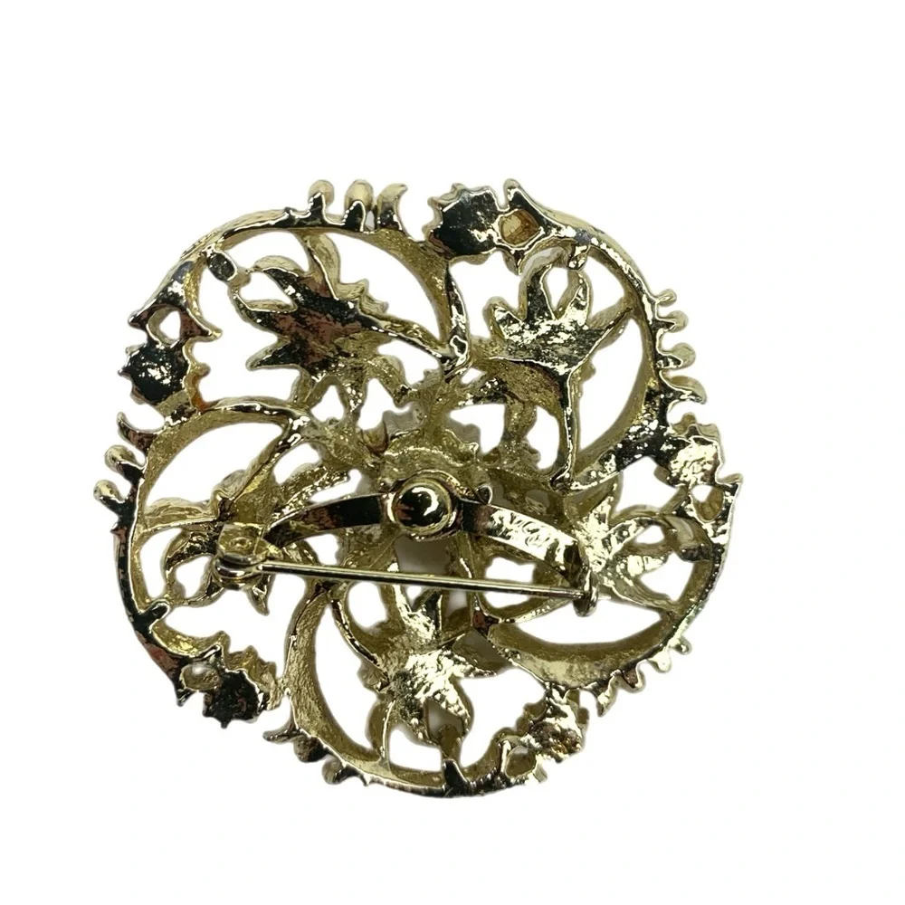 Gold Floral Crystal Brooch Pin for Women 1-3/4 inch diameter